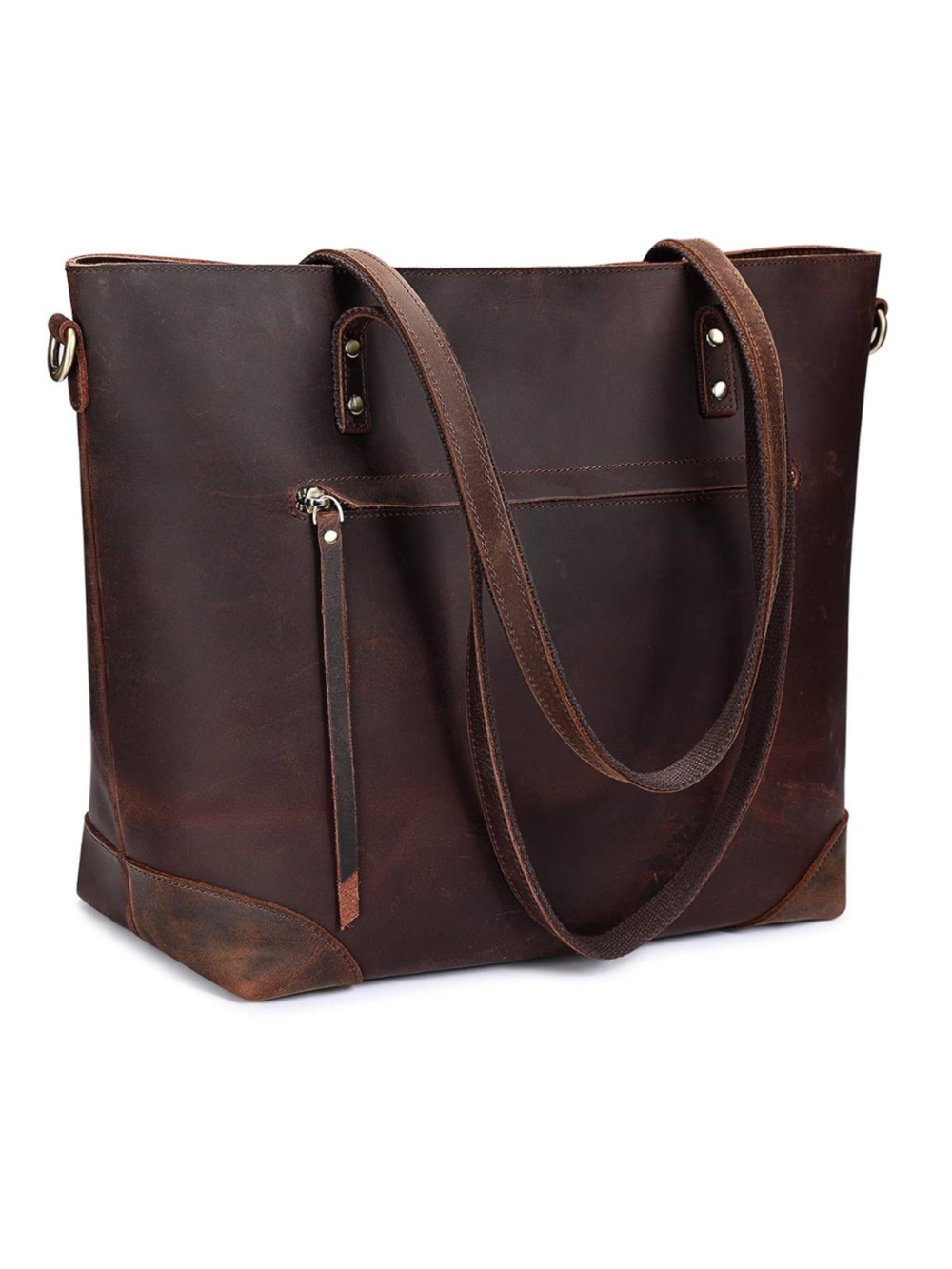 S-ZONE Dark Brown Vintage Genuine Leather Shoulder Bag Large Work Tote
